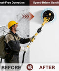 Person using power sander with 9 Inch Hook And Loop Drywall Discs Set 60 Pieces 10 Holes 40 To 240 Grits for dust-free wall sanding.