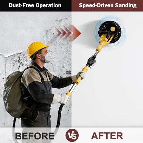 Person using power sander with 9 Inch Hook And Loop Drywall Discs Set 60 Pieces 10 Holes 40 To 240 Grits for dust-free wall sanding.
