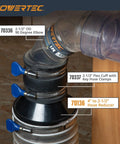 Installed four inch to two and one half inch cone reducer for dust collection fittings, hose connectors labeled with product descriptions.