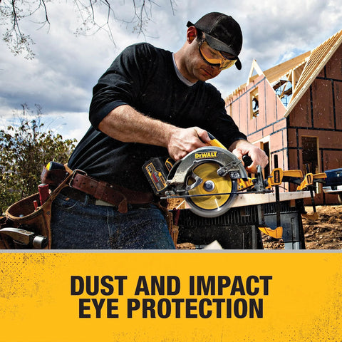 Worker wearing Anti Fog Safety Goggles With Dual Mold Fit and Clear Hard Coated Lens using saw at construction site