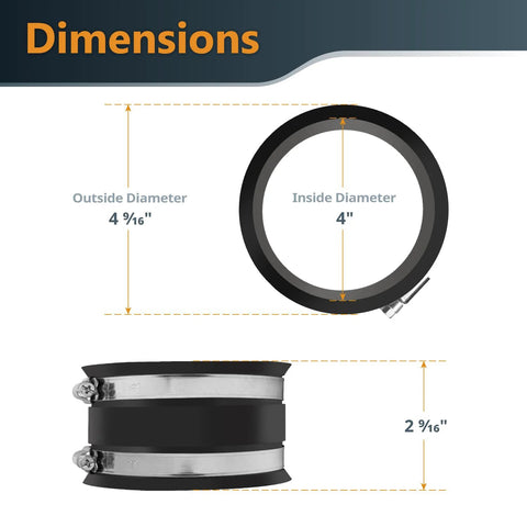 4 Inch to Two and a Half Inch Dust Collection Reducer Kit with Flex Cuff and Stainless Steel Clamps showing dimensions