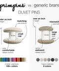 Comparison of Primpins vs generic brand duvet pins showing different sizes, cap fits, and color options, highlighting duvet fit differences.