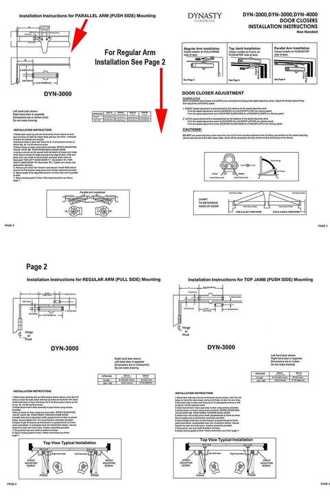 Installation manual for Door Closer, Commercial Hydraulic Closer, Self-Closing, Sprayed Aluminum, Series 3000, showing setup instructions.