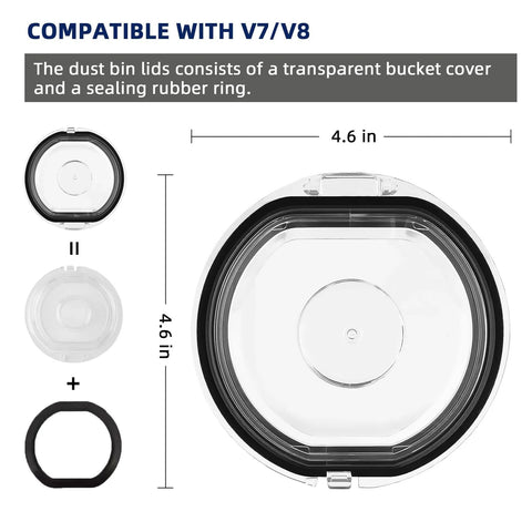 Dyson Dust Bin Lid Replacement for V7 V8 SV10 SV11 Vacuum Cleaner, showing transparent cover and rubber seal, 4.6-inch diameter