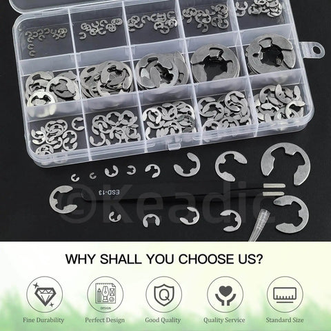 Must Have E Clip Assortment Kit With 211 Pieces In 14 Metric Sizes In Millimeters 304 Stainless Steel Circlips, clear box with tweezer.