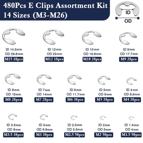 E Clip Snap Ring Assortment Kit 480Pcs M1.5 To M26 External Retaining Rings in 14 Sizes, showing dimensions and piece count