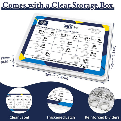 E Clip Snap Ring Assortment Kit 480Pcs with clear storage box, detailed sizes chart, and reinforced dividers, 304 stainless steel.