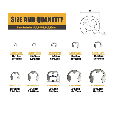 E Clips Assortment Kit 120 Piece External Retaining Rings Set In 10 Sizes M1.5 To M10 304 Stainless Steel Snap Rings Chart
