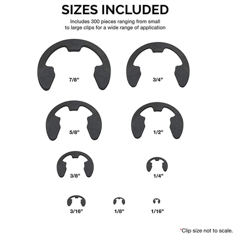 Diagram showing nine SAE sizes of heat-treated E Clip Assortment Set With 300 Pieces Heat Treated External Retaining Clips from 1/16" to 7/8"