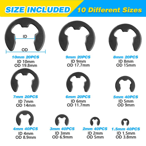 All In One C Clip And E Clip Retaining Ring Kit With 800 Pieces External Circlip Assortment size chart.