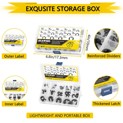 External Retaining Rings Set 330-Piece Alloy Steel E-Clip Assortment M1.5 To M15 storage box with labeled compartments