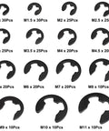 E Clip Circlip Snap Ring Assortment Set 15 Sizes From 1mm To 11mm 300 Pcs Carbon Steel External Retaining Rings For Shafts With Black Oxide Finish Ideal For DIY Projects Machinery Maintenance And Repairs Uxcell displayed with quantity per size.