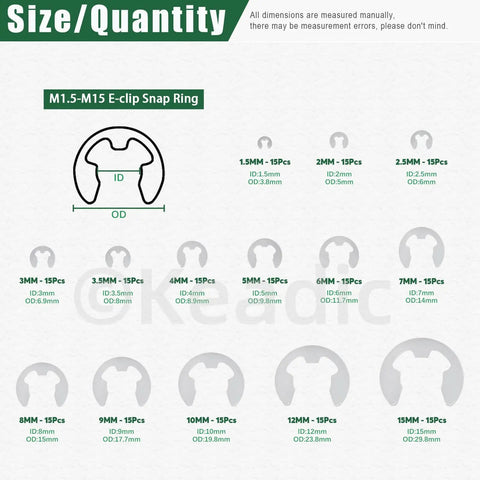 Size chart for Must Have E Clip Assortment Kit With 211 Pieces In 14 Metric Sizes In Millimeters 304 Stainless Steel Circlips.