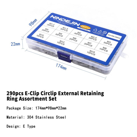 Premium E Clip Retaining Ring Set In 304 Stainless Steel For Cars Engines And Machinery, 290 pieces in a sturdy transparent box