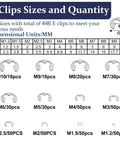 Ultimate C Clips And E Clips Assortment Kit diagram showing E clip sizes from M1.2 to M10 with quantities