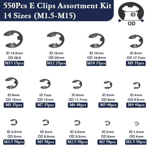Visual guide of 550 Piece E Clip And Snap Ring Assortment Kit in black carbon steel with sizes M1.5 to M15 for automotive machinery.