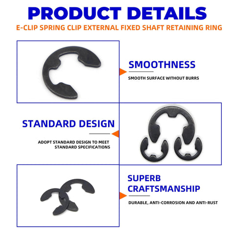 580Pcs E Clip Snap Ring Kit Built Tough For Pros and DIYers, 65Mn Steel External Retaining Rings, SAE M1.5 to M10, Product Details