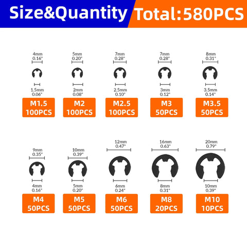 580Pcs E Clip Snap Ring Kit Built Tough For Pros And DIYers, showing sizes from M1.5 to M10, black oxide finish, 65Mn steel.