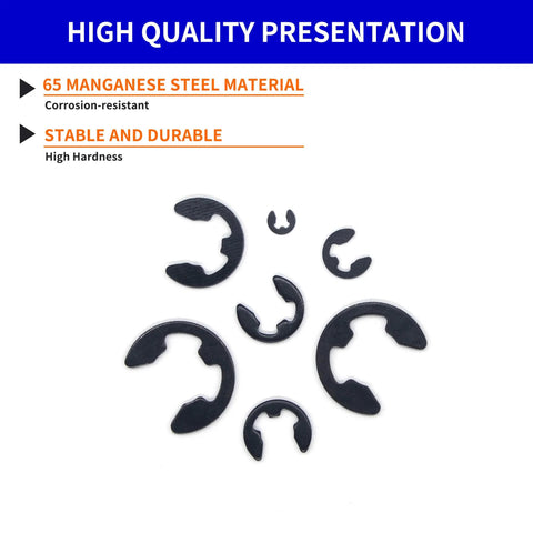 580Pcs E Clip Snap Ring Kit Built Tough For Pros And DIYers 65Mn Steel External Retaining Rings black oxide on white background