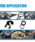 324 Piece E Clips And Snap Ring Kit In Carbon Steel For Heavy Duty Use 24 Sizes Assortment shown in various applications