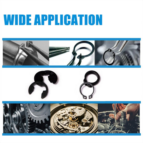 324 Piece E Clips And Snap Ring Kit In Carbon Steel For Heavy Duty Use 24 Sizes Assortment shown in various applications