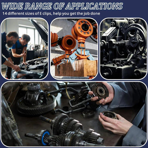E Clip Snap Ring Assortment Kit 480Pcs used in automotive, machinery projects, showcasing 19 sizes and durability in application.