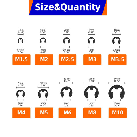 580Pcs E Clip Snap Ring Kit sizes M1.5 to M10 display for automotive and machinery applications, black oxide finish.