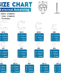 Premium E Clip Retaining Ring Set In 304 Stainless Steel, size chart showing 13 sizes from M1.2 to M15 for cars and machinery.