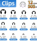 E clips chart showing 12 sizes and 505 pieces from 900 Piece Carbon Steel Retaining Rings Set With 24 Size C Clips And E Clips Assortment Kit
