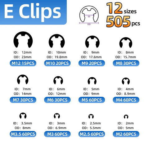 E clips chart showing 12 sizes and 505 pieces from 900 Piece Carbon Steel Retaining Rings Set With 24 Size C Clips And E Clips Assortment Kit