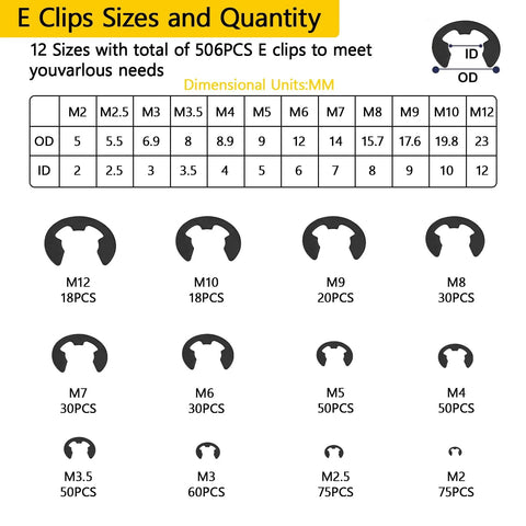E clips sizes and quantity diagram from 900 Pcs C Clips And E Clips Assortment Kit With 24 Sizes External Retaining Rings Snap Rings Set In Black Carbon Steel