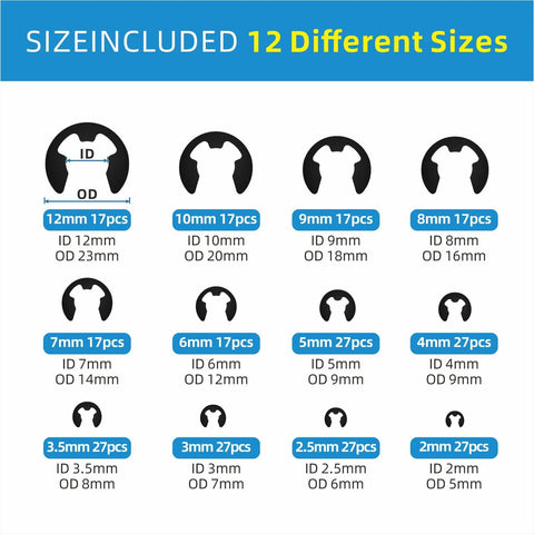 528Pcs E Clips And External Retaining Rings Set For DIY And Pro Grade Hardware showing 12 different E clip sizes from 2mm to 12mm.