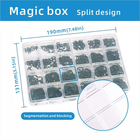 528Pcs E Clips And External Retaining Rings Set in organized box, carbon steel snap ring kit, 24 sizes, DIY and pro hardware, detail view