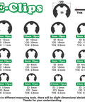 E-Clips size chart from Mega Handy 330 Piece Snap Ring Set With E Clips And C Clips for mechanical projects, showing dimensions.