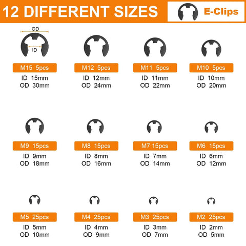 Chart of 12 different E-clip sizes from 2.0mm to 15mm, part of 352 Piece Retaining Ring Assortment Kit With E Clips And External C Clips For DIY Projects And Repairs