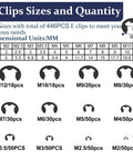 Diagram showing 12 sizes of E clips from the All In One C Clips And E Clips Kit For Machinery And DIY Projects ZQZ.