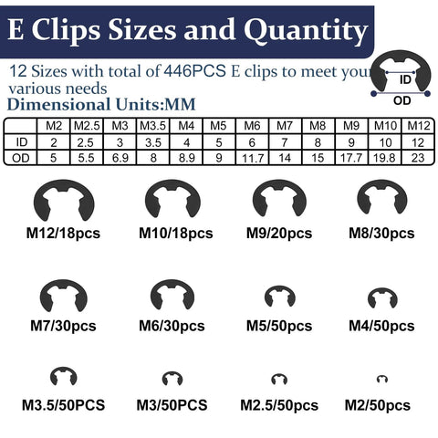 Diagram showing 12 sizes of E clips from the All In One C Clips And E Clips Kit For Machinery And DIY Projects ZQZ.