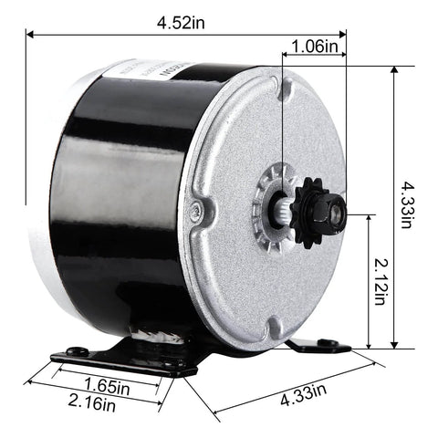 Side view of Small Brushed Permanent Magnet Electric Motor for E Scooter Drive Speed Control 24V 350W 3000RPM with dimensions