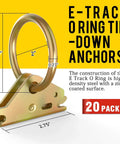 Heavy Duty Steel E Track O Ring Tie Down Anchors 20 Pack For Keeping Gear Locked Down In Enclosed Trailers Flatbeds And Trucks With 1500 LB Load Capacity And Easy Straps Attachment, zinc-coated steel with measurements shown