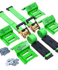 Heavy Duty E Track Wheel Chock Tie Down Kit With Rubber Blocks For ATV UTV And Lawn Mower Transport 4500Lb Break Strength Includes 4 Wheel Chocks And 2 E Track Ratchet Straps Trekassy displayed with green chocks, ratchet straps, rubber blocks, and mounting hardware.