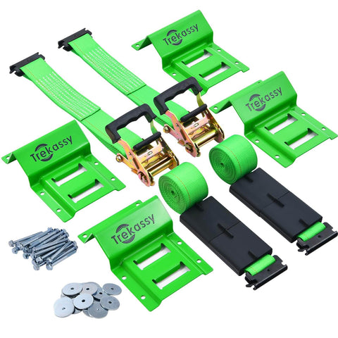Heavy Duty E Track Wheel Chock Tie Down Kit With Rubber Blocks For ATV UTV And Lawn Mower Transport 4500Lb Break Strength Includes 4 Wheel Chocks And 2 E Track Ratchet Straps Trekassy displayed with green chocks, ratchet straps, rubber blocks, and mounting hardware.