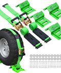 Heavy Duty E Track Wheel Chock Tie Down Kit With Rubber Blocks For ATV UTV And Lawn Mower Transport 4500Lb Break Strength Includes 4 Wheel Chocks And 2 E Track Ratchet Straps Trekassy