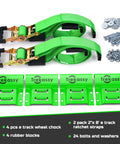 Heavy Duty E Track Wheel Chock Tie Down Kit With Rubber Blocks For ATV UTV And Lawn Mower Transport 4500Lb Break Strength Includes 4 Wheel Chocks And 2 E Track Ratchet Straps Trekassy displayed with green straps and hardware