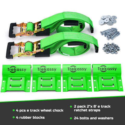 Heavy Duty E Track Wheel Chock Tie Down Kit With Rubber Blocks For ATV UTV And Lawn Mower Transport 4500Lb Break Strength Includes 4 Wheel Chocks And 2 E Track Ratchet Straps Trekassy displayed with green straps and hardware