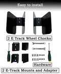 2 Pack E Track Wheel Chocks For Motorcycles And Dirt Bikes, Fits Tires Up To 6 Inches with hardware and tools shown