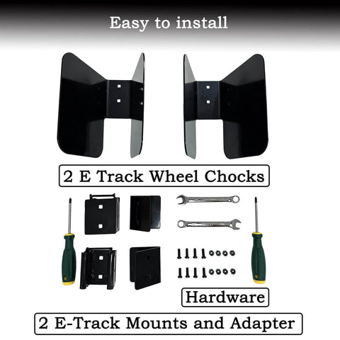 2 Pack E Track Wheel Chocks For Motorcycles And Dirt Bikes, Fits Tires Up To 6 Inches with hardware and tools shown