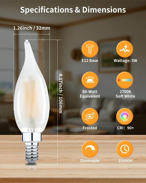 Specifications of Soft White 2700K Dimmable E12 LED Bulbs 60W Equivalent Frosted Glass For Chandeliers And Candelabra 6 Pack