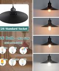 E26 standard socket light fitting with compatible bulb types, max 60W, black industrial lampshade shown in various lighting effects.