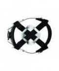 Top view of safety helmet suspension system with black straps and plastic connectors, suitable for industrial headwear support.