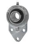Front view of 1 inch bore ball bearing with nickel plated, cast iron housing and a 3 bolt flange, featuring set screw locking